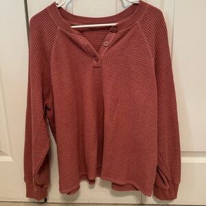 Old Navy Henley Button Up Long Sleeve Waffle Knit Top in Rose Pink